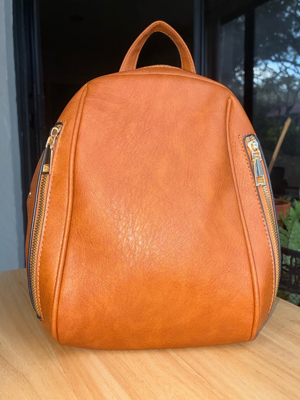 Cognac Faux Leather Mini Backpack with Leopard Print Lining and Gold Hardware